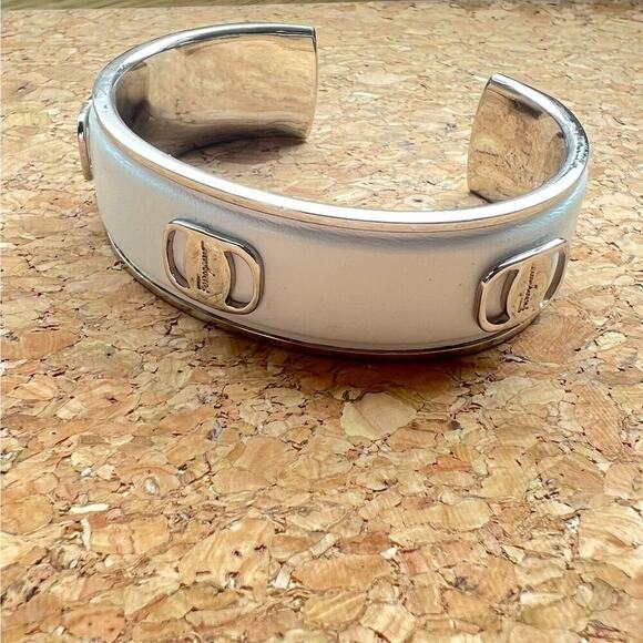 Salvatore Ferragamo Jewelry - Salvatore Ferragamo Silver Vara Buckle Logo Leather Bracelet MINT